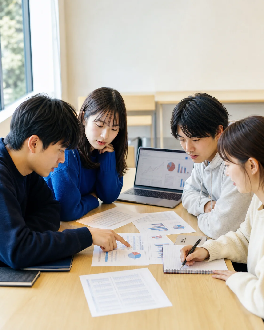 企業資料を囲んで分析する大学生たち