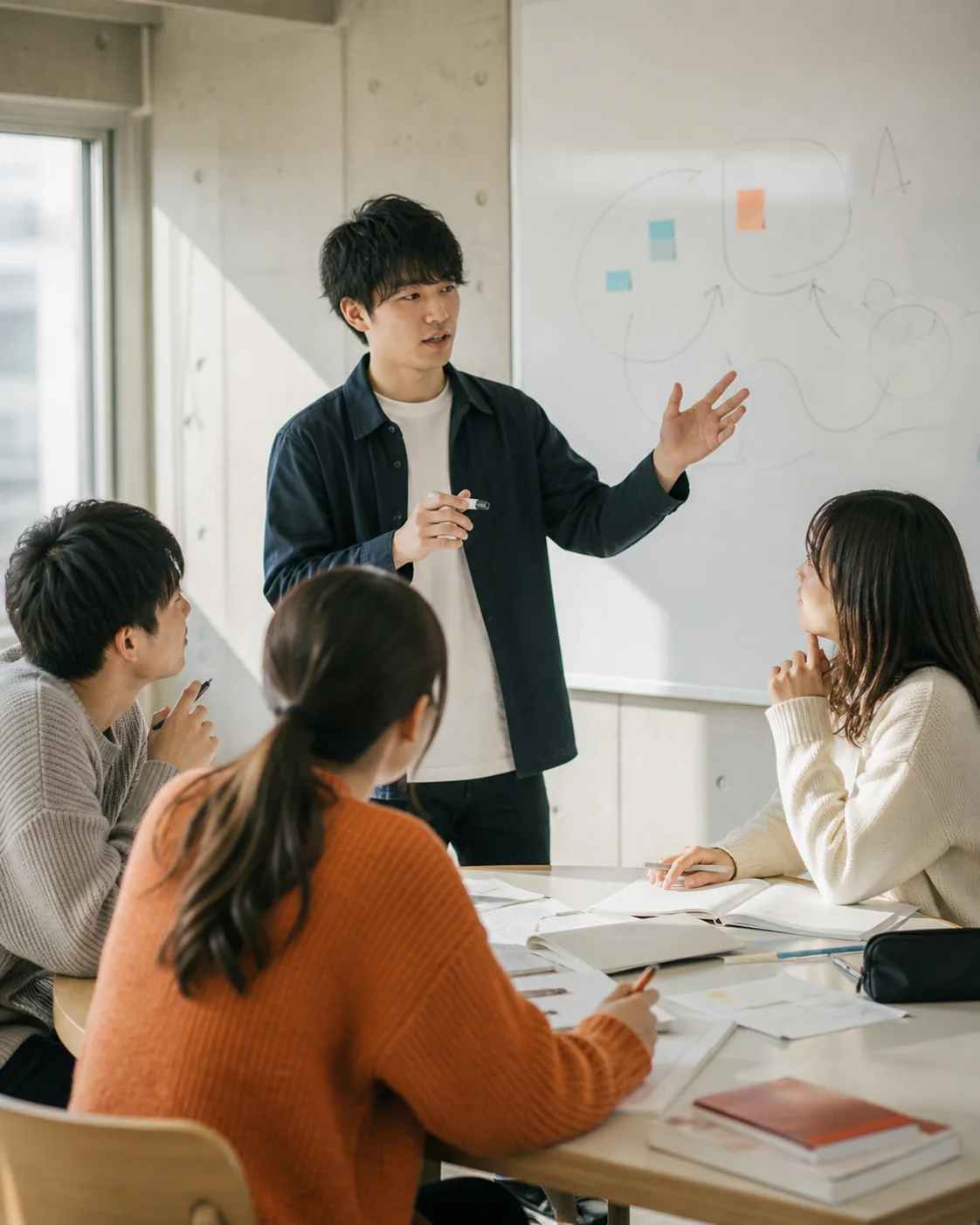 ホワイトボードを使って正解のない問いを議論する大学生たち
